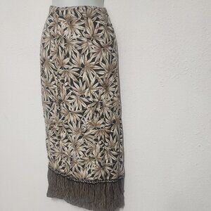 Melissa Lawrence ***stylish long wrap around skirt Black/Gold leaf, 26"waist